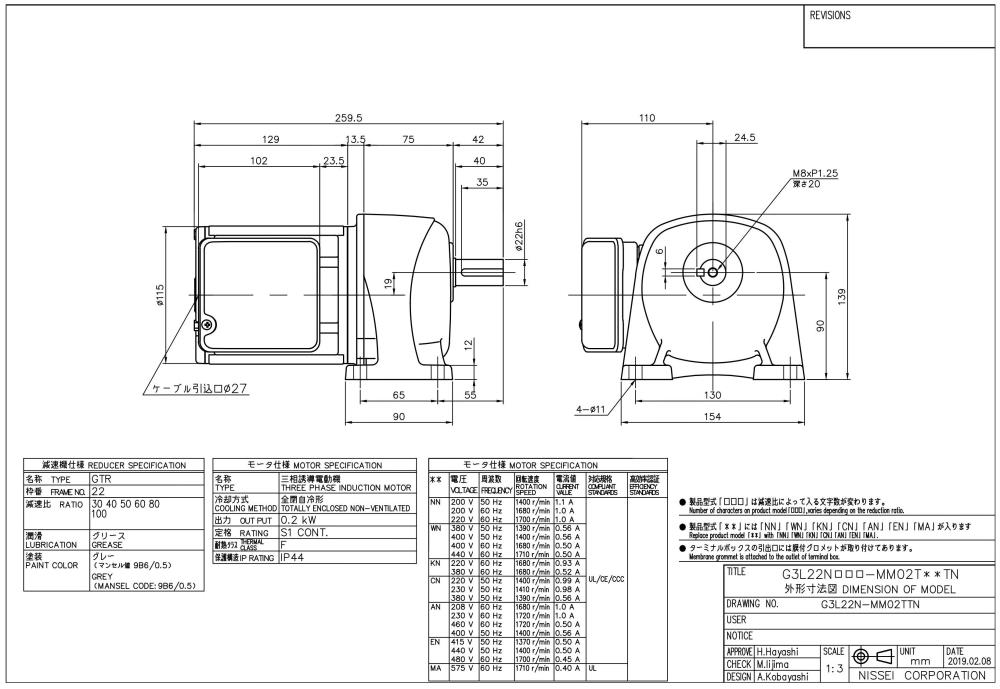 NISSEI Geared Motor G3L22N80-MM02TxxTN Series NISSEI G3L22N80