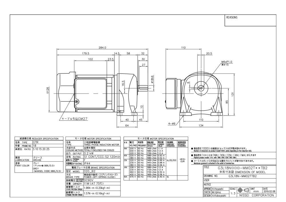 NISSEI Geared Motor G3L18N25-MM02TxxTB2 Series NISSEI G3L18N25